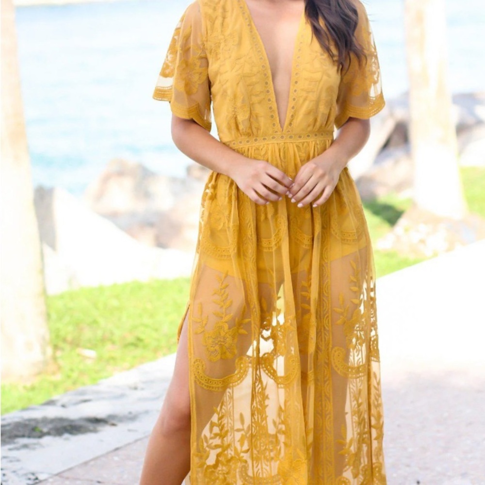 Mustard Sheer Lace Maxi Romper